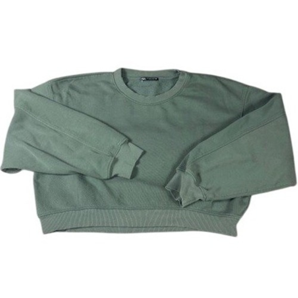 Zara Sweatshirt Womens L Green Cropped Pullover Crewneck Boxy Sage Long Sleeve